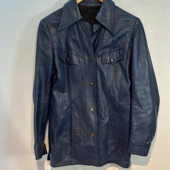 Vintage blue leather jacket snap closure shirt style fitted size S/M by Marquis - Picture 12 of 12
